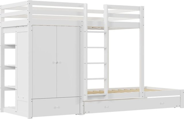 Merax Etagenbett mit Ausziehbett und Schubladen aus Massivholz in Weiß und Grau, B/T/H: 90 x 200 x 170 cm - Bild 1