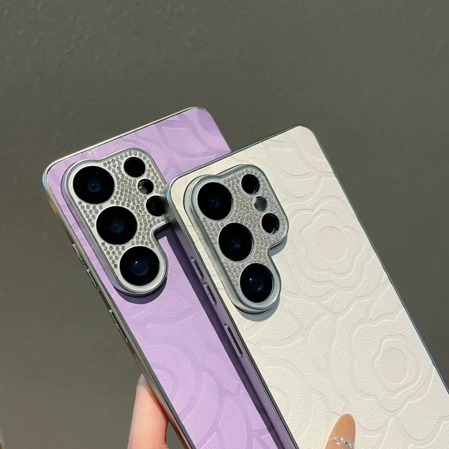 Elegante Glitzer-Strass-Kameraschutzhülle mit Kamelien-Design in Weiß für Samsung Galaxy S26 S25 S24 S23 Ultra Plus FE inklusive Trageriemen - Bild 2