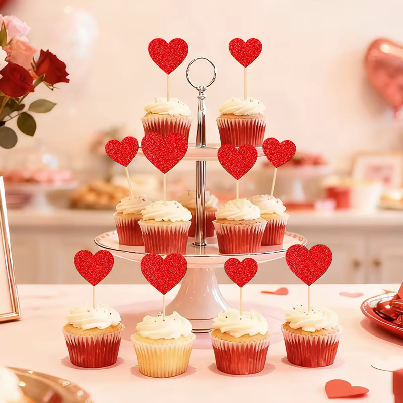 YOMDID 20 Stück Herz-Kuchenaufsätze in Rot, glitzernde Cupcake-Picks für Valentinstag und Hochzeitstorten-Dekorationen - Bild 3