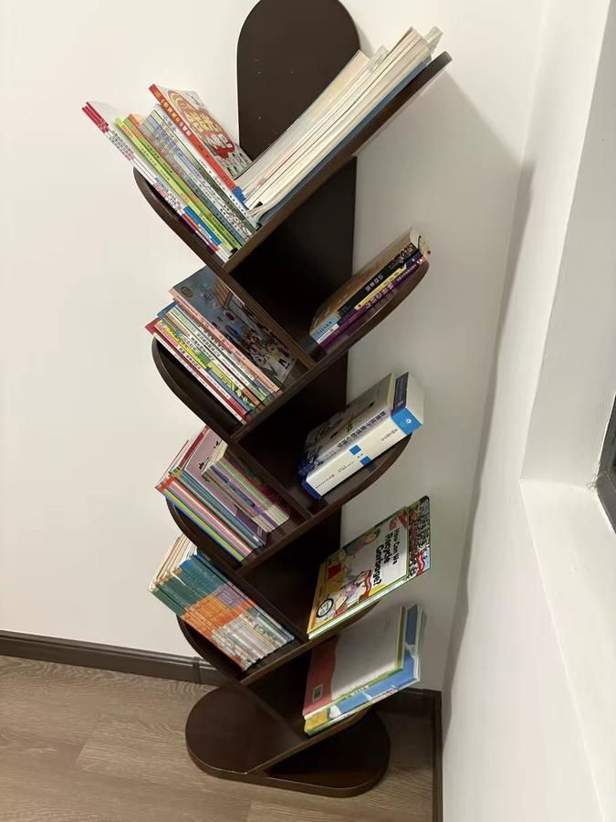 XIUWO Baum-Bücherregal aus massivem Holz in Braun und Weiß, modernes offenes Lagerregal für Wohnzimmer und Heimbüro - Bild 5