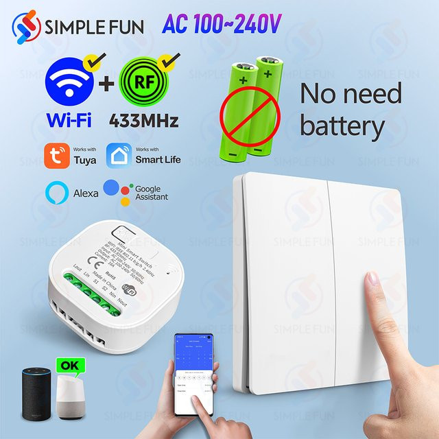 Tuya Smart Lichtschalter WiFi 433 MHz kinetisches Panel in Weiß, batterieloser kabelloser Schalter mit Alexa und Google Assistant Unterstützung, SLMPLEFUN - Bild 1