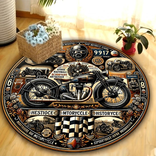 VIKAMA Runder Teppich im Vintage Motorrad Design mit karierter Flagge, rutschfest und waschbar, Multicolour, Durchmesser: 60 cm - Bild 1