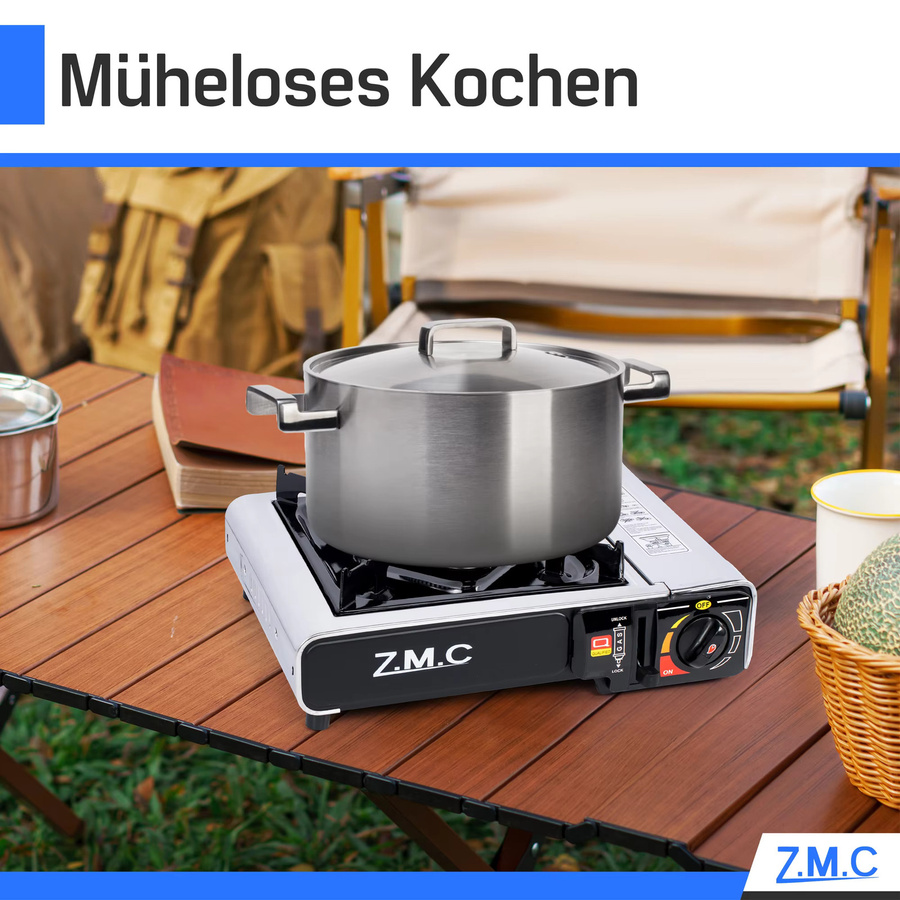 ZMC Campingkocher 1-flammig aus Edelstahl in Silber mit Piezo-Zündung und 4 Gaskartuschen à 227g im Transportkoffer - Bild 2