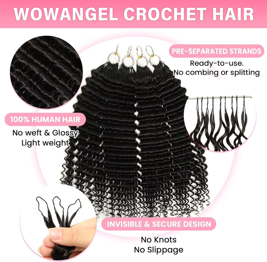 WOWANGEL Deep Wave Feather Crochet Echthaarverlängerungen, Schwarz, Damen - Bild 4