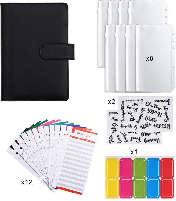 lidafish A6PU Bargeldaufbewahrungsbuch in Lila mit 8 Reißverschlusstaschen, 12 Planblättern und 3 Etikettenaufklebern - Bild 1