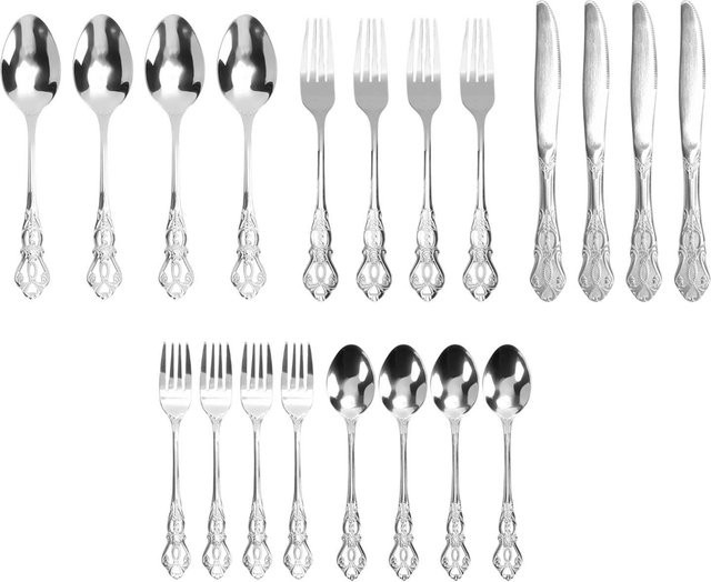 Neoglint Besteckset Vintage aus poliertem Edelstahl in Silber, 20-teilig mit 4 Essgabeln, 4 Esslöffeln, 4 Salatgabeln, 4 Teelöffeln und 4 Tafelmessern, spülmaschinenfest - Bild 1