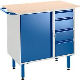 Rollcart Transportsysteme Werkbank mit Schrank, 4 Schubladen und Stellfüßen in Blau und Grau aus Stahl und Holz, Breite: 111,1 cm, Tiefe: 60,0 cm, Höhe: 86,0 cm - Bild 1