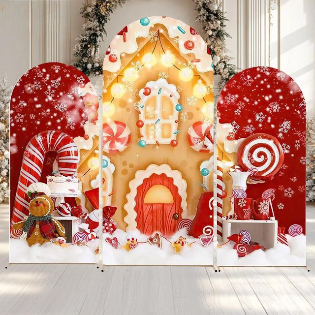 VIKAMA Frohe Weihnachten Bogen-Hintergrund aus elastischem Stoff in Rot mit Schneeflocken für Partydekoration und Fotografie, Breite: 120 cm, Höhe: 50 cm - Bild 1