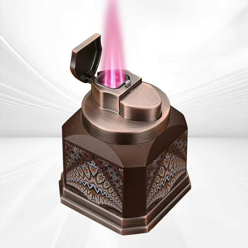 EHRLICHES Desktop Butan Gas Feuerzeug mit 4-fach Jet Flamme in Red Flame und Brown mit One Click Ignition für Zigarren und Business - Bild 2