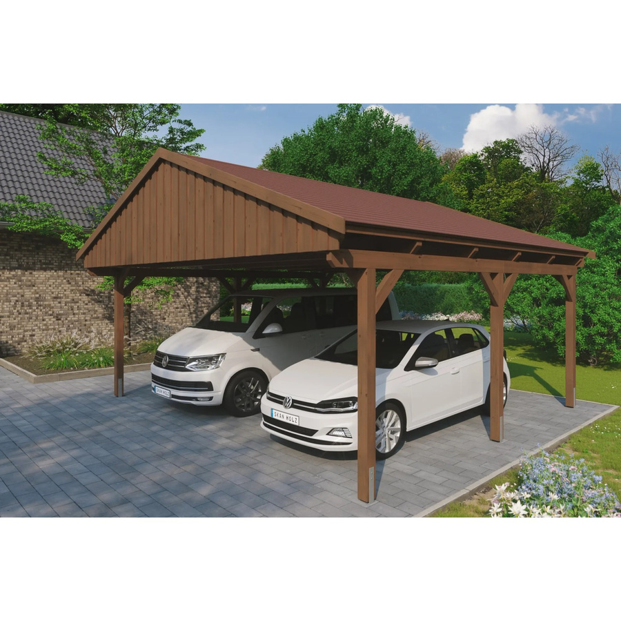 Skan Holz Carport Fichtelberg aus Fichte in Nussbaum Braun mit spitzer Dachform und Dachschindeln, B/T: 618 x 566 cm, Höhe: 362 cm - Bild 2