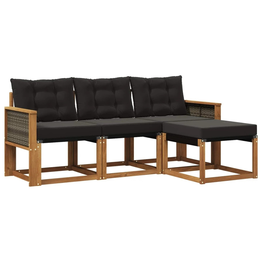 vidaXL Outdoor-Sofagarnitur L-Form aus massivem Akazienholz mit Textilene und Kissen, Schwarz/Natur - Bild 2