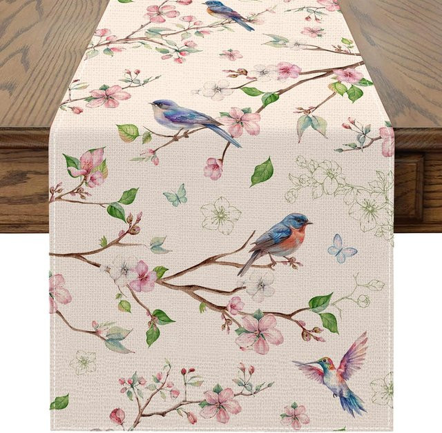 JINGYUE Pet Tischläufer mit Vintage Blumen, Vögeln und Schmetterlingen in Mehrfarbig, Landhausstil, B/T: 150 x 33 cm - Bild 1