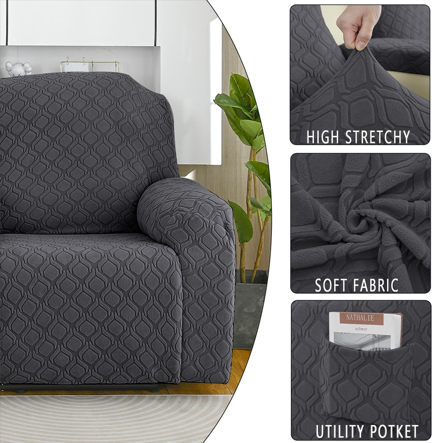 Rongquan 4-teiliger Stretch-Liegesessel-Überzug aus Jacquard-Polyester mit Seitentasche und rutschfestem Design, beige - Bild 6