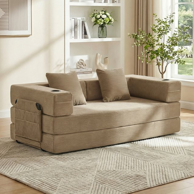 WELAX Cloud Futon Schlafsofa aus Cord mit Getränkehaltern und Aufbewahrungstaschen, Queen Size Klappbares Bodensofa für Wohnzimmer und Schlafzimmer, B/T/H: 185 x 150 x 200 cm - Bild 1