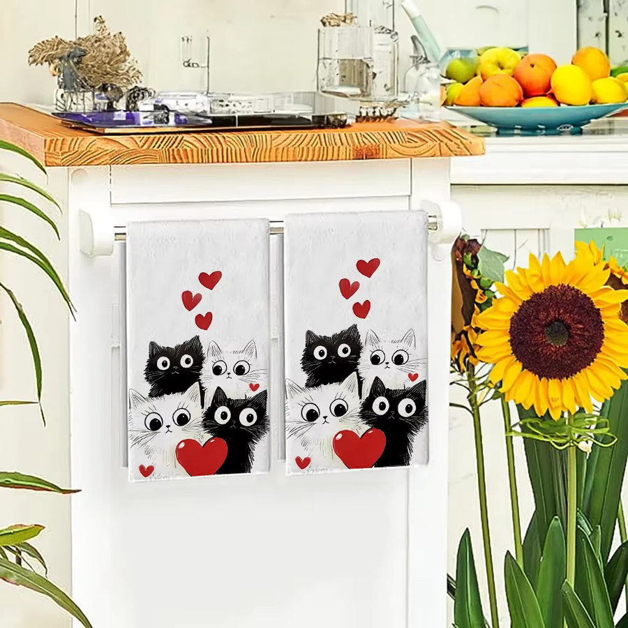 Saugfähiges Küchenhandtuch mit Herz-Katzen-Motiv in Schwarz-Weiß, B: 40 cm, H: 60 cm - Bild 3