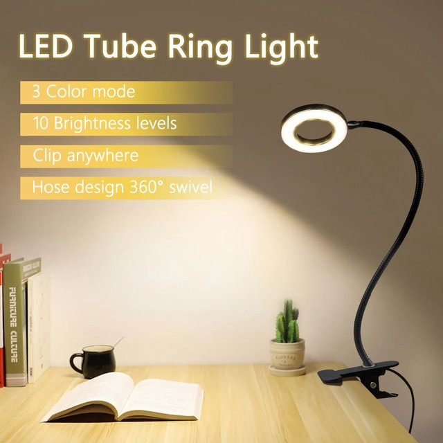 AVACOM Clip-on-Schreibtischlampe mit 48 LEDs in Schwarz, flexible 360 Grad Schwanenhals-Leselampe mit USB-Anschluss für Home Office und Nachtlicht - Bild 1