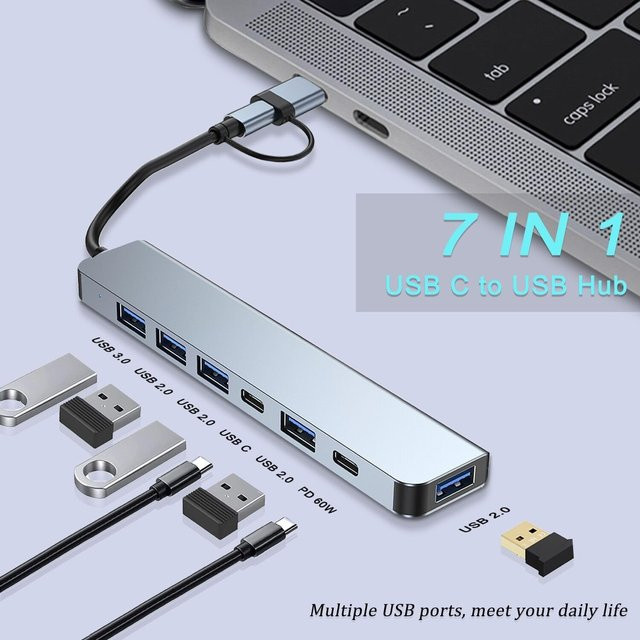 Schlanker 7-in-1 USB-C-Hub mit USB 3.0 und USB 2.0 für Laptops, MacBook und iPad in Silber/Grau - Bild 1
