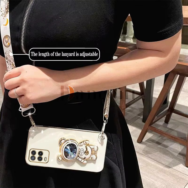 Handyhülle mit Lanyard im Treibsand Astronaut Design für Oppo A15 A15S A76 A77 A78 A16 A16K A53 A54 A94 A95 F19 A55 A92 in Pink und Weiß - Bild 3