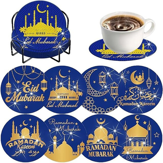 JMT Diamond Embroidery Mosaic Set: 8-teiliges DIY-Untersetzer-Set mit Vergnügungspark-Muster und Halterungen in Grau und Blau - Bild 1