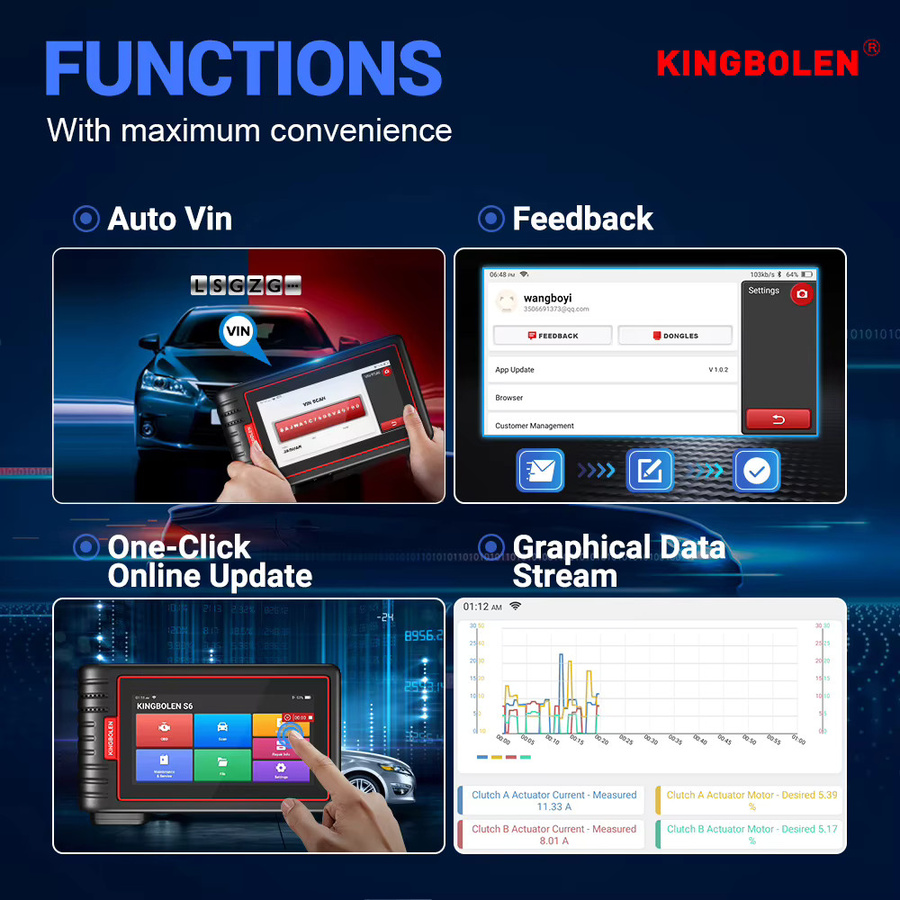 Kingbolen S6 OBD2 Scanner Bluetooth Diagnosegerät für alle Systeme mit CAN FD und FCA Unterstützung, Codeleser mit 28+ Wartungsfunktionen für SAS, BMS und TPMS in Schwarz - Bild 4