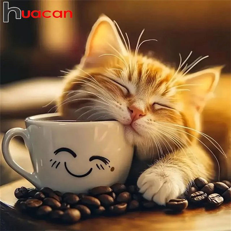 Huacan DIY 5D Diamant-Malerei Set Schlafende Katze mit Kaffeetasse, mehrfarbig, Wanddekoration - Bild 1