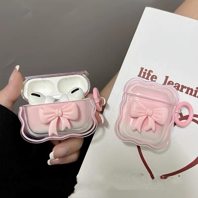 3D Bow Wave Schutzhülle für Apple AirPods 1, 2 und AirPods Pro in Pink Floral mit Schlüsselanhänger - Bild 1