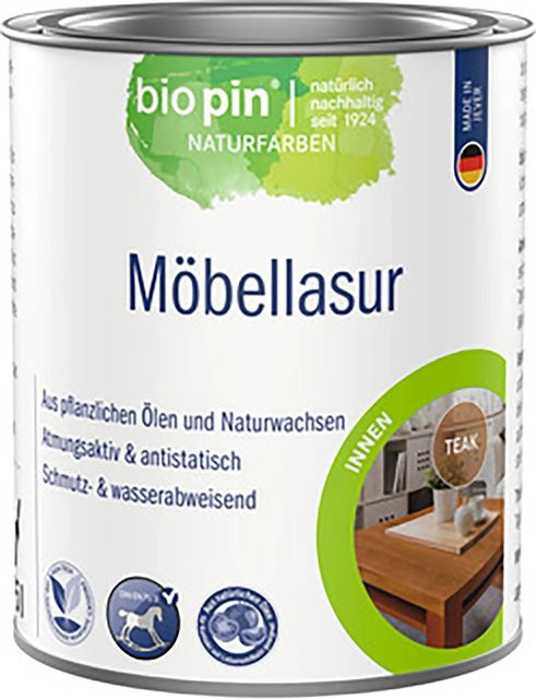biopin Möbellasur Teak in Braun, wasserbasiert und wasserabweisend, satin-matt, 0,375 l - Bild 1