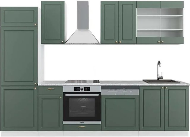 Vicco Fame-Line Küchenzeile Landhausstil in Grün, Gold und Weiß mit Marmor-Optik, B: 300 cm, H: 82 cm, T: 60 cm - Bild 1
