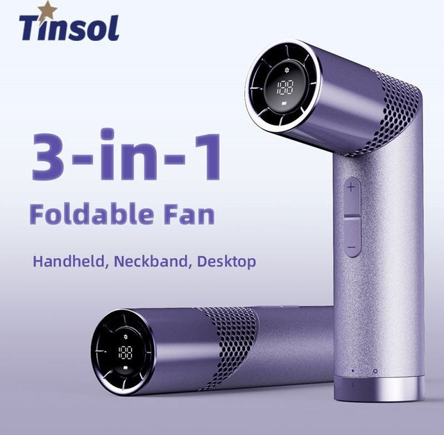 TINSOL Tragbarer faltbarer Mini-Handventilator in Lila mit LED-Anzeige und 3000 mAh Akku über USB wiederaufladbar - Bild 1
