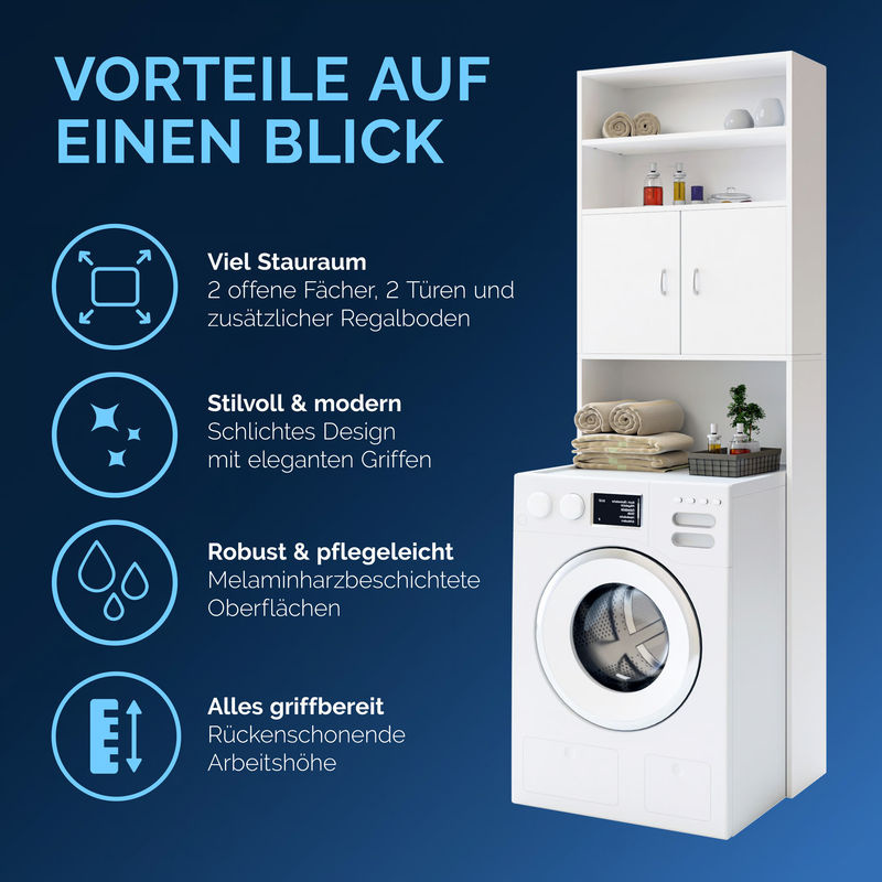 CASARIA Waschmaschinenschrank in Weiß mit 3 Böden und Magnettüren, H x B x T: 185 x 63 x 20 cm - Bild 5