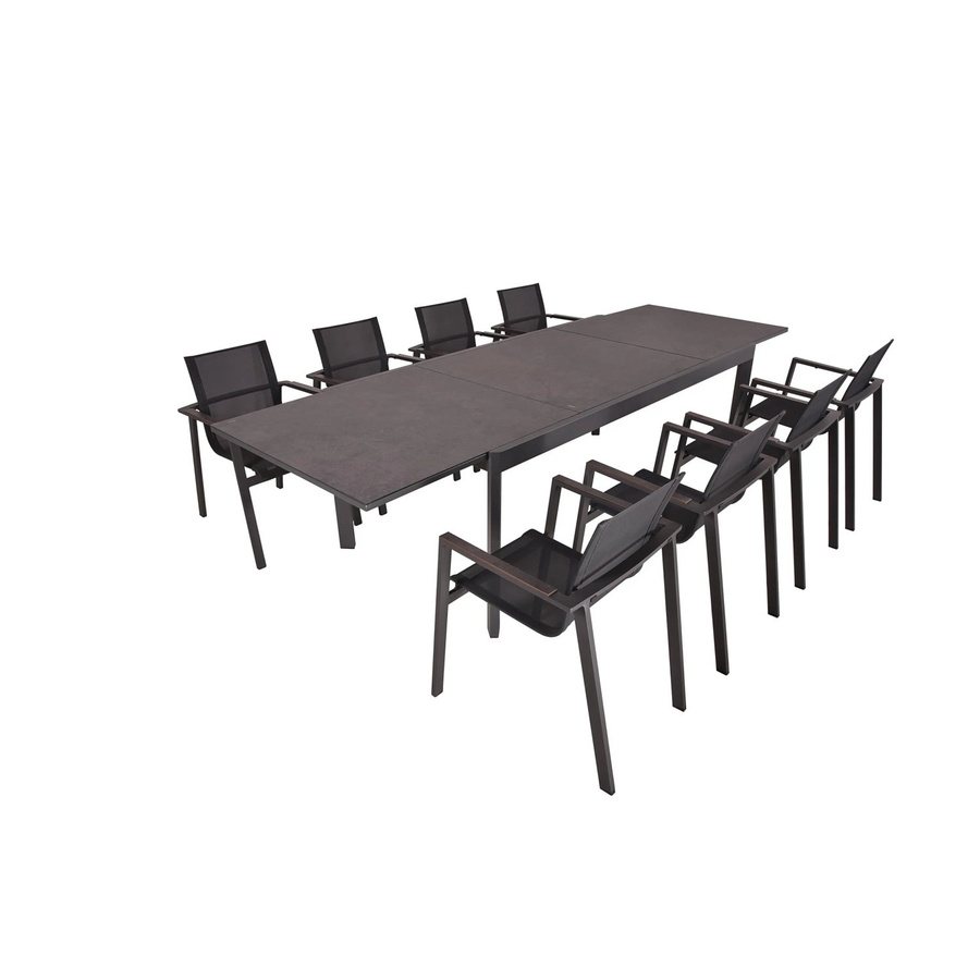 DELUKE Garten-Sitzgruppe EIKE 9-tlg. in Dunkelgrau mit ausziehbarem Esstisch und Stapelstühlen aus Kunststoff, Aluminium und Glas - Bild 2