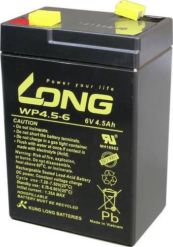 Long WP4.5-6 Bleiakku 6V 4.5Ah Blei-Vlies AGM Schwarz B/H/T: 70 x 106 x 47 mm mit 4.8mm Flachstecker - Bild 1