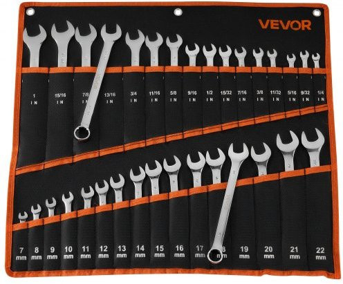 VEVOR Kombinationsschraubenschlüssel-Set aus Kohlenstoffstahl, 32-teilig in SAE und metrisch, mit 12-Kant-Ringschlüssel und 15° geneigtem Maulschlüssel, Farben: Silber und Schwarz - Bild 1