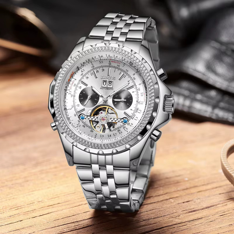 Lige Armbanduhr Automatik, Edelstahl, Schwarz, Herren - Bild 3