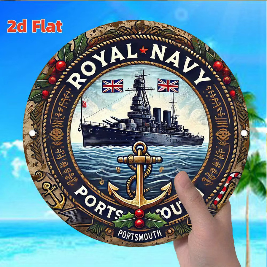 Potdemiel Vintage Metallblechschild Royal Navy Portsmouth mit U-Boot-Illustration, Blau/Mehrfarbig, B/H: 20,3 x 20,3 cm - Bild 3