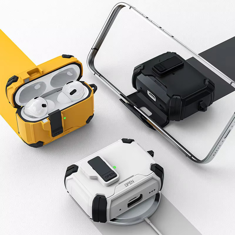 Schutzhülle für Apple AirPods Pro 3 in Gelb mit Sicherheitsverriegelung, Telefonständer-Funktion, Reinigungsset und Schlüsselanhänger - Bild 3
