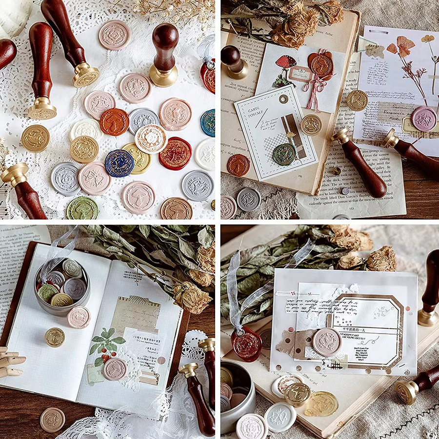 Wachssiegel-Set mit abnehmbarem Messingkopf für Geschenke und Postkarten, verschiedene Motive wie Schwan, Tulpe, Rose, Seestern, Zitrone, Kürbis, Mond und Planet, mehrfarbig - Bild 2