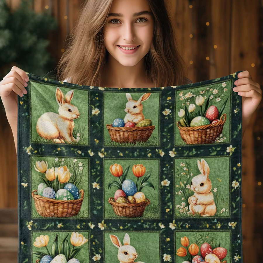VIKAMA Flanelldecke mit Osterhasen- und Tulpenblumen-Motiv, Mehrfarbig - Bild 2