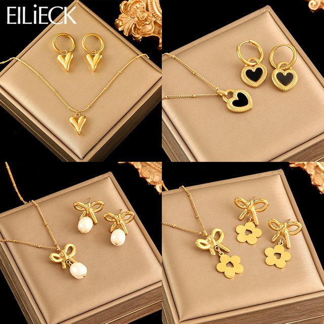 EILIECK Schmuck-Set Halskette, Ohrringe, Edelstahl, Perle, Gold, Damen - Bild 1