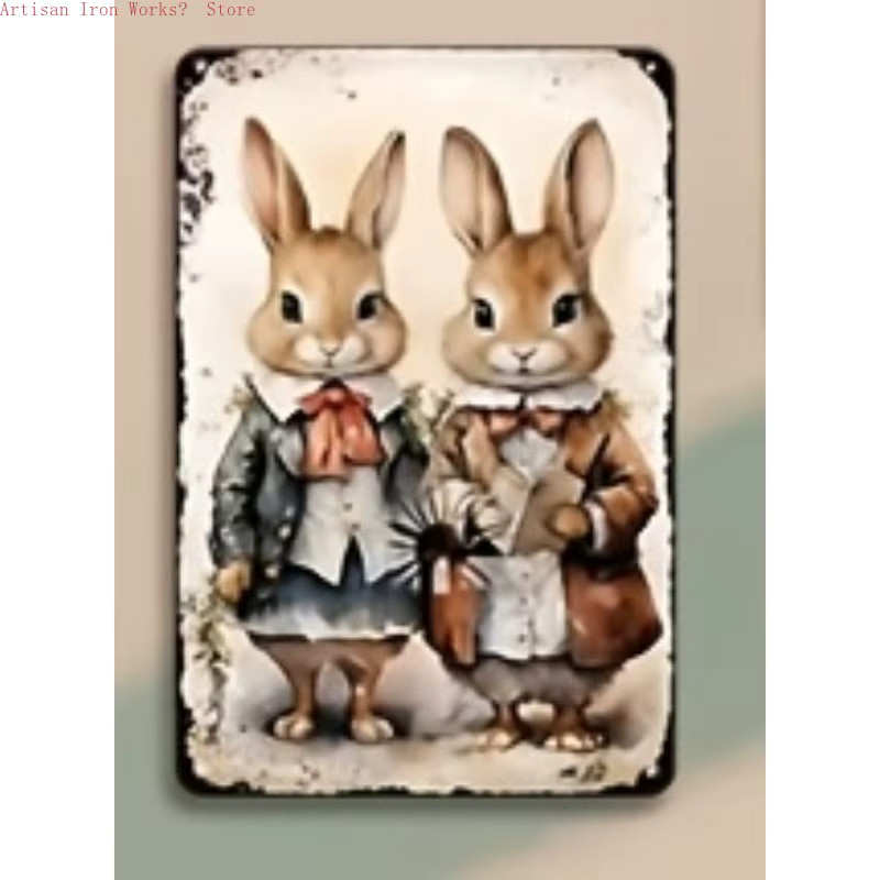 6er Set Potdemiel Kaninchen Metallschilder im Vintage-Stil, bunte Blechposter mit Blumenmotiven für Garten und Wand, B/H: 20 x 30 cm - Bild 3