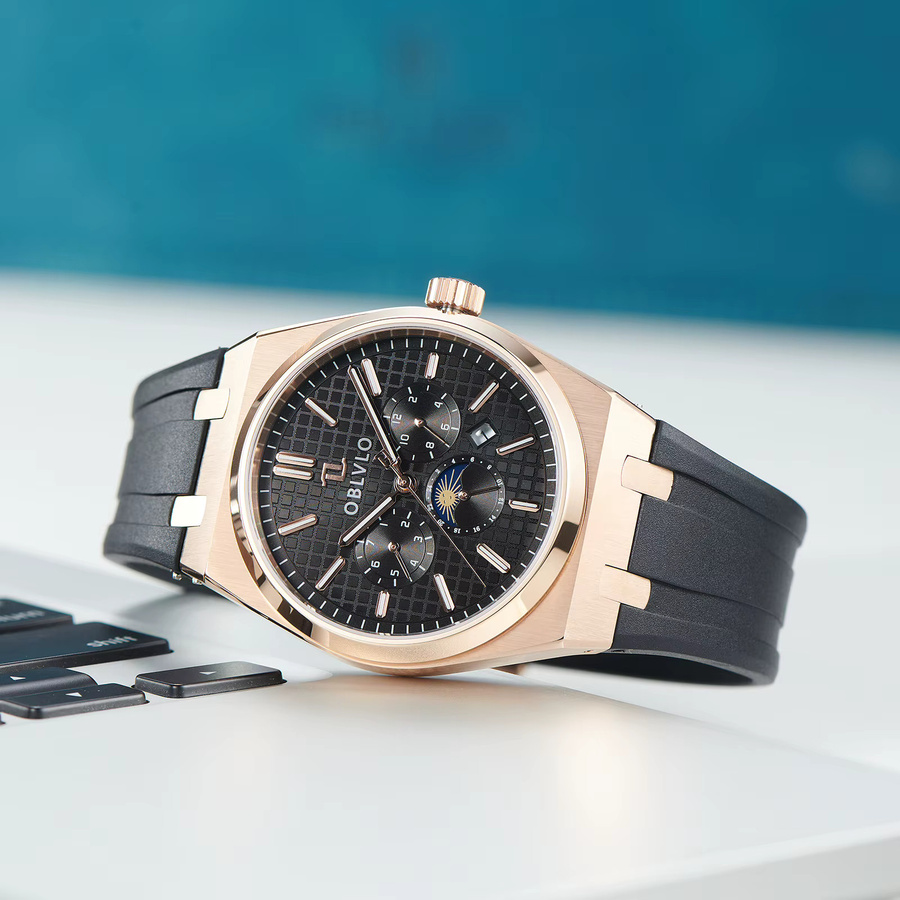OBLVLO Armbanduhr, Herren, Roségold, Automatik, Kautschuk, Schwarz - Bild 1