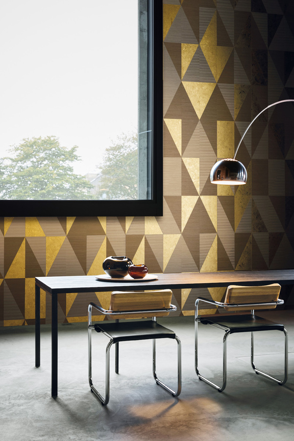 Omexco Tapete Sunray LAN312 in Gold, Beige und Braun mit Holzfurnier und Vlies, abstraktes geometrisches Design, matt - Bild 1