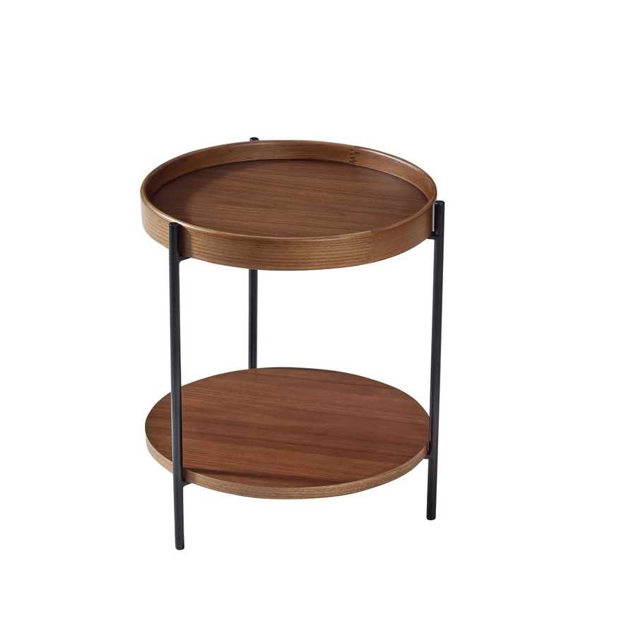 okwish Couchtisch aus Massivholz und Metall in Walnuss, runder 2-stöckiger Wohnzimmertisch, B/T/H: 44 x 44 x 48 cm - Bild 2