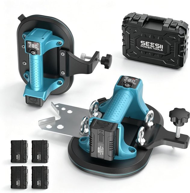 Seesii Elektrischer Saugnapf 10 Zoll mit Digitalanzeige und 4 Akkus 3,0Ah zum Heben von Glas und Fliesen bis 280kg - Bild 1