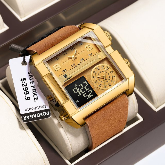 POEDAGAR Digitaluhr, Quarz, Gold, Leder, Herren - Bild 1