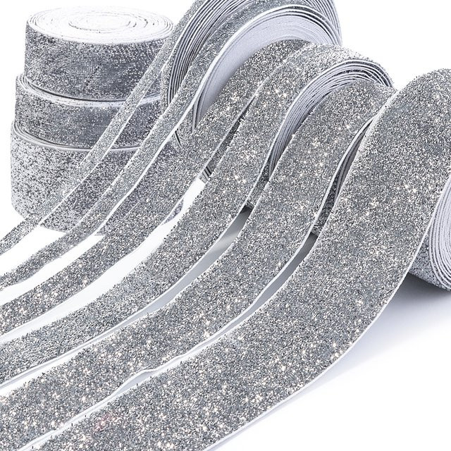Silbernes Glitter Samtband für DIY Dekorationen, Hochzeit, Party und Weihnachten, Breite: 7 bis 38 mm - Bild 1