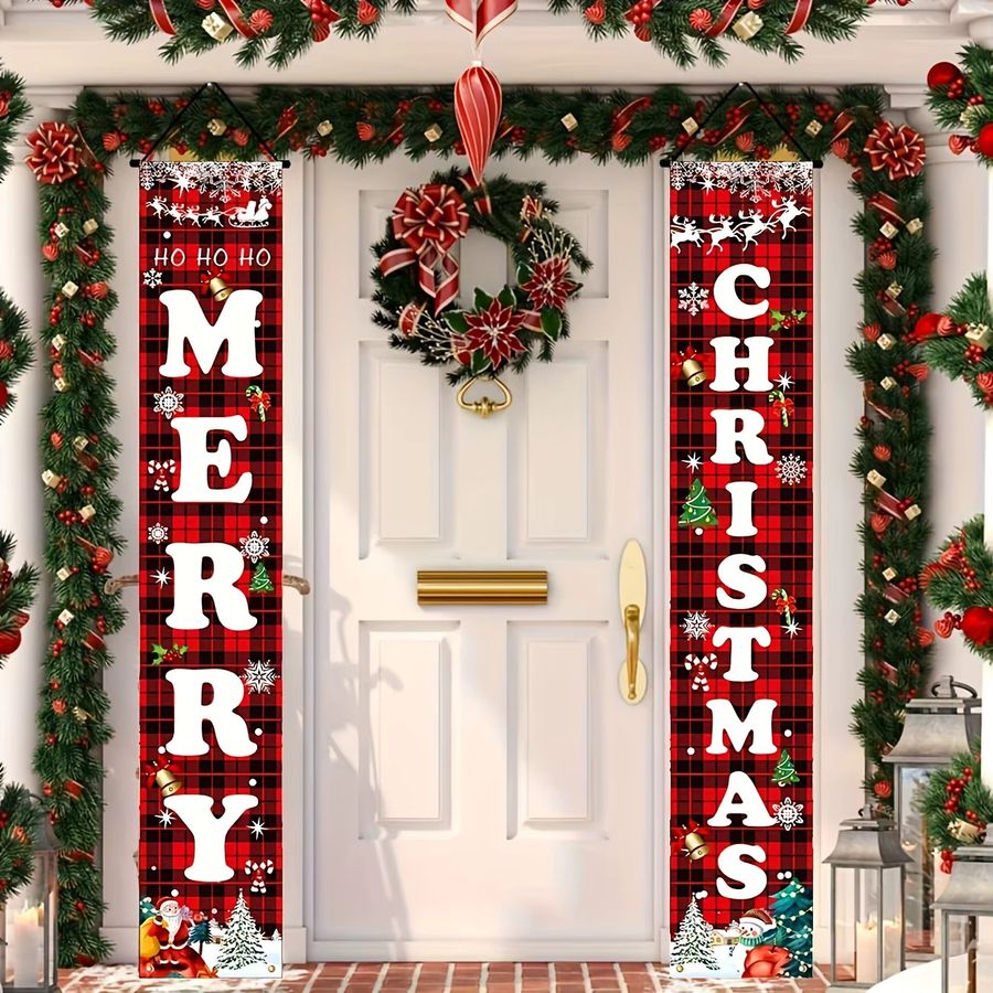 VIKAMA Weihnachts-Tür-Wandteppich in Rot und Schwarz, kariertes Banner im Vintage-Stil zur Weihnachtsdekoration, B/H: 180 x 30 cm - Bild 2