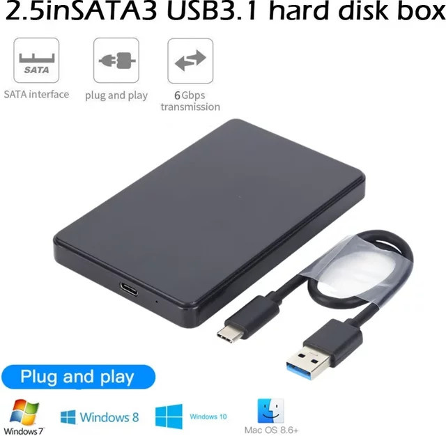 VODOOL 2,5 Zoll SATA USB 3.1 Festplattengehäuse in Schwarz und Transparent mit USB-C Kabel für HDD oder SSD - Bild 1