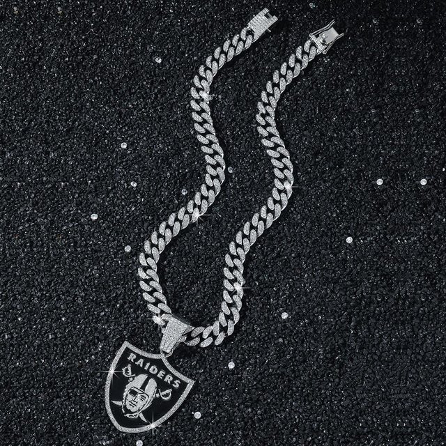 Junlu Anhänger Halskette, Las Vegas Raiders, Vollkristall, Cuban Chain, 76 cm, Silber, Unisex - Bild 1