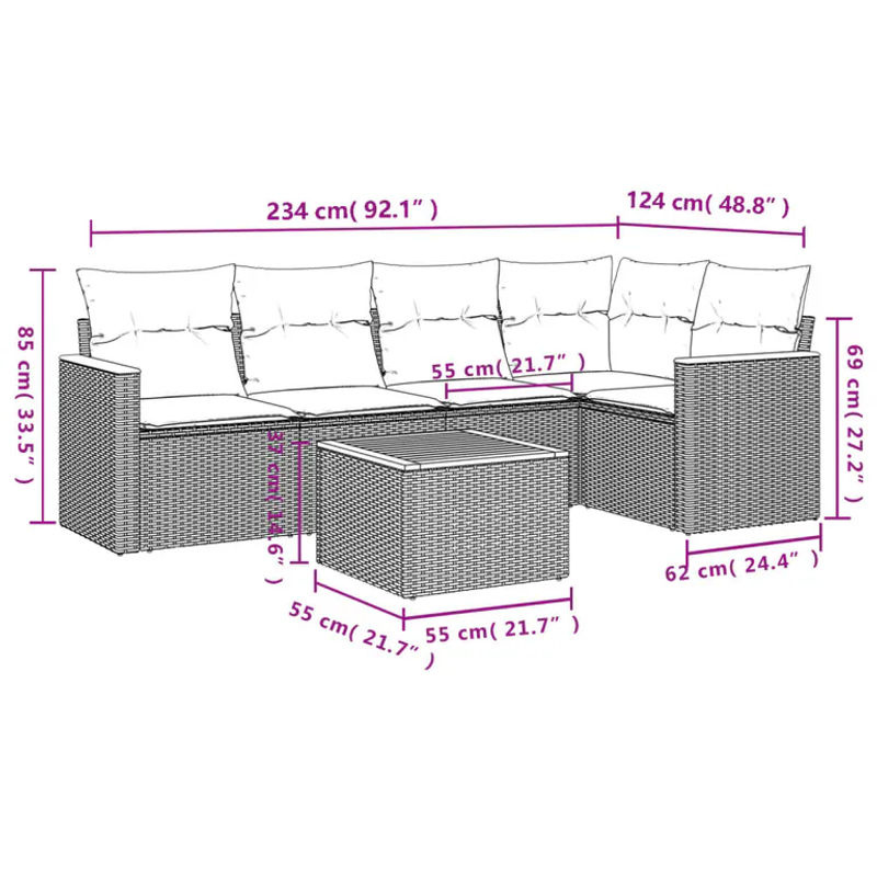 vidaXL 6-teilige Garten-Sofagarnitur in L-Form aus schwarzem Poly-Rattan mit UV-beständigen Kissen und pulverbeschichtetem Stahlgestell - Bild 3